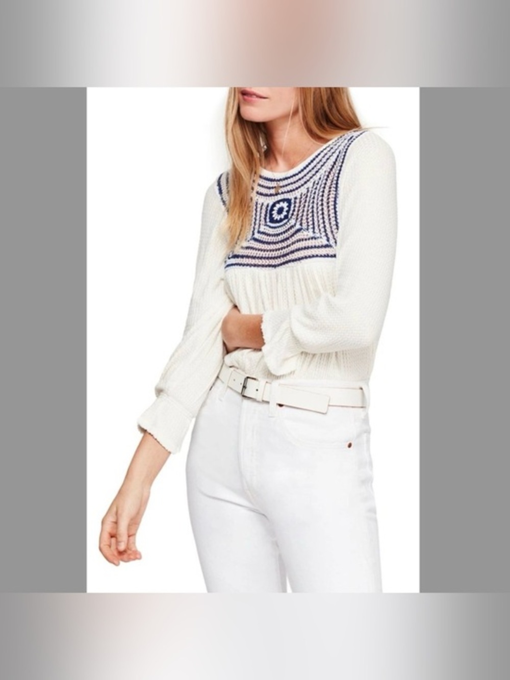 Free People Soulmate Thermal Knit Long Sleeve Blouse Crochet Neckline Size Small